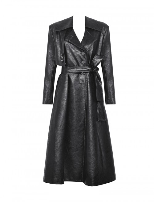 Cool Black Leather Splicing Personalized Metal Buckle Decoration Punk Style Loose Long Coat
