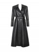 Cool Black Leather Splicing Personalized Metal Buckle Decoration Punk Style Loose Long Coat