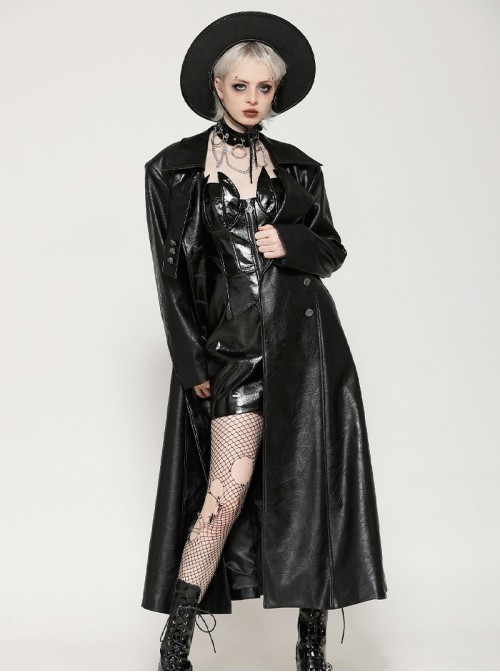 Cool Black Leather Splicing Personalized Metal Buckle Decoration Punk Style Loose Long Coat
