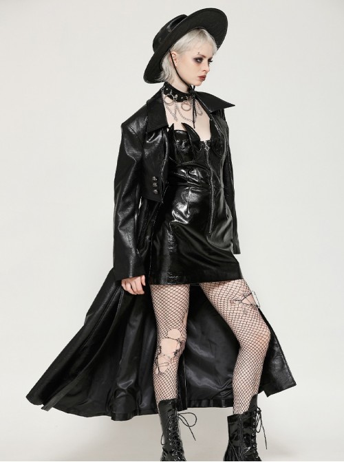 Cool Black Leather Splicing Personalized Metal Buckle Decoration Punk Style Loose Long Coat