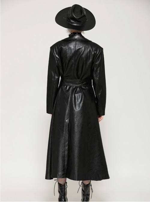 Cool Black Leather Splicing Personalized Metal Buckle Decoration Punk Style Loose Long Coat