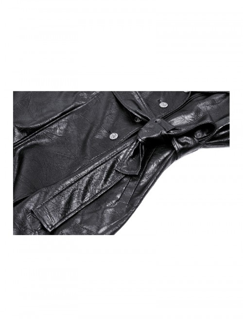 Cool Black Leather Splicing Personalized Metal Buckle Decoration Punk Style Loose Long Coat