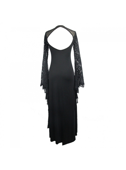Purple Knitted Black Flower Lace Collar Chinese Frog Button Backless Long Sleeves Gothic Dress