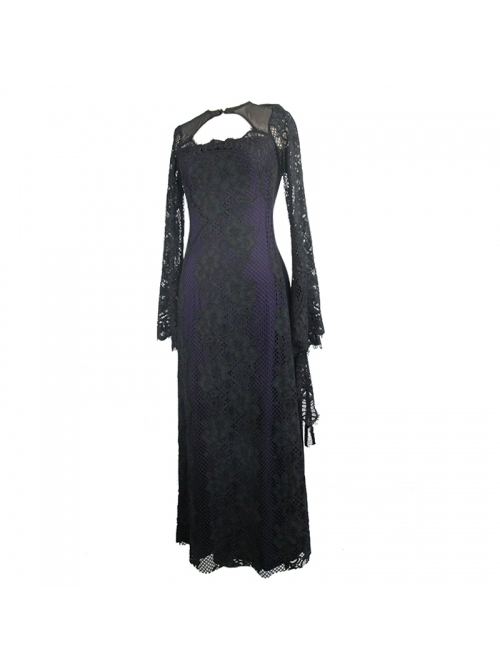 Purple Knitted Black Flower Lace Collar Chinese Frog Button Backless Long Sleeves Gothic Dress