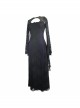 Purple Knitted Black Flower Lace Collar Chinese Frog Button Backless Long Sleeves Gothic Dress