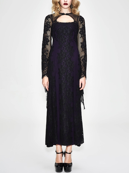 Purple Knitted Black Flower Lace Collar Chinese Frog Button Backless Long Sleeves Gothic Dress