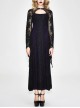 Purple Knitted Black Flower Lace Collar Chinese Frog Button Backless Long Sleeves Gothic Dress
