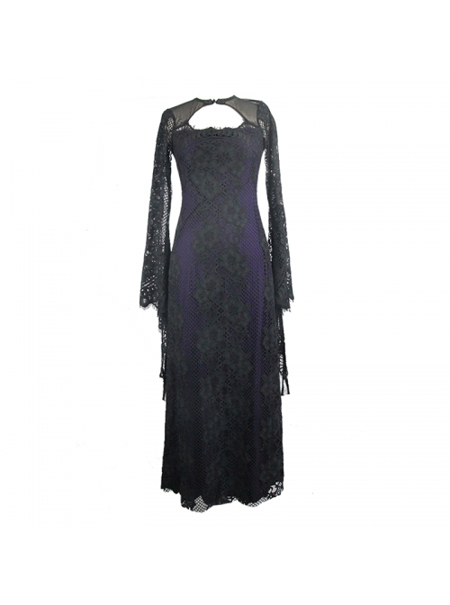 Purple Knitted Black Flower Lace Collar Chinese Frog Button Backless Long Sleeves Gothic Dress