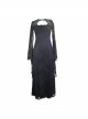 Purple Knitted Black Flower Lace Collar Chinese Frog Button Backless Long Sleeves Gothic Dress