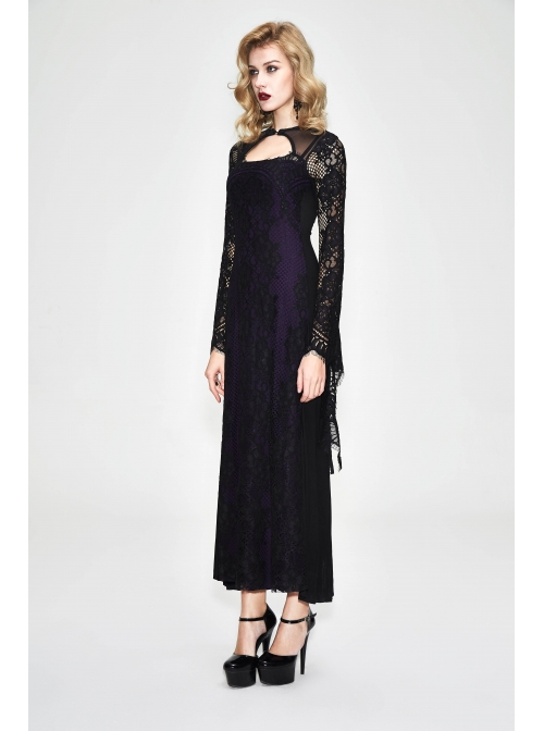Purple Knitted Black Flower Lace Collar Chinese Frog Button Backless Long Sleeves Gothic Dress