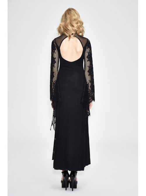 Purple Knitted Black Flower Lace Collar Chinese Frog Button Backless Long Sleeves Gothic Dress