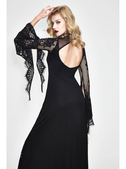 Purple Knitted Black Flower Lace Collar Chinese Frog Button Backless Long Sleeves Gothic Dress