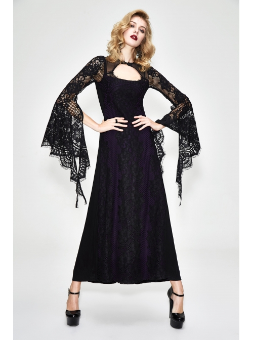 Purple Knitted Black Flower Lace Collar Chinese Frog Button Backless Long Sleeves Gothic Dress