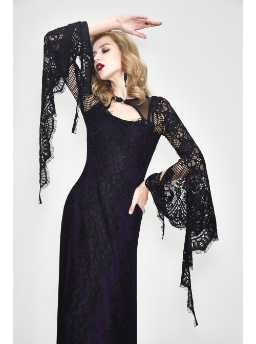 Purple Knitted Black Flower Lace Collar Chinese Frog Button Backless Long Sleeves Gothic Dress