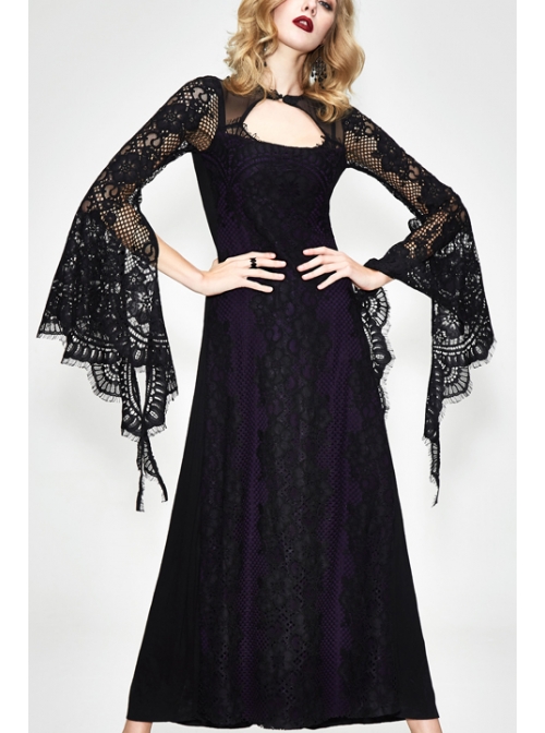 Purple Knitted Black Flower Lace Collar Chinese Frog Button Backless Long Sleeves Gothic Dress