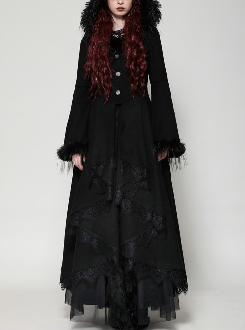 Black Romantic Layered Lace Splicing Plush Decoration Gorgeous Gothic Style Coat