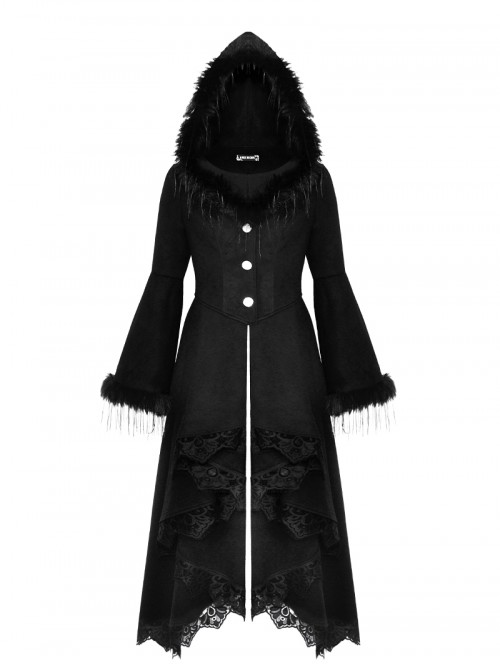 Black Romantic Layered Lace Splicing Plush Decoration Gorgeous Gothic Style Coat