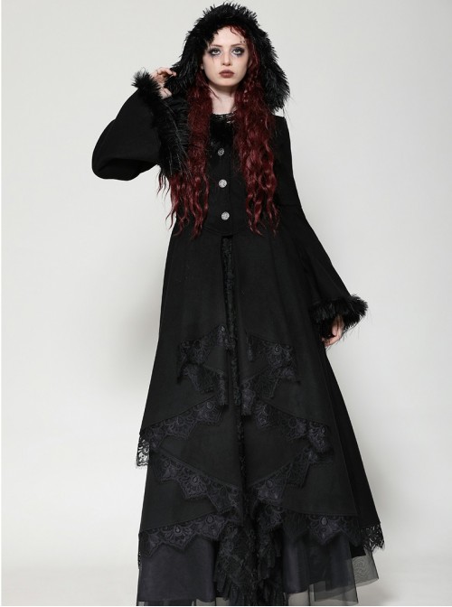 Black Romantic Layered Lace Splicing Plush Decoration Gorgeous Gothic Style Coat