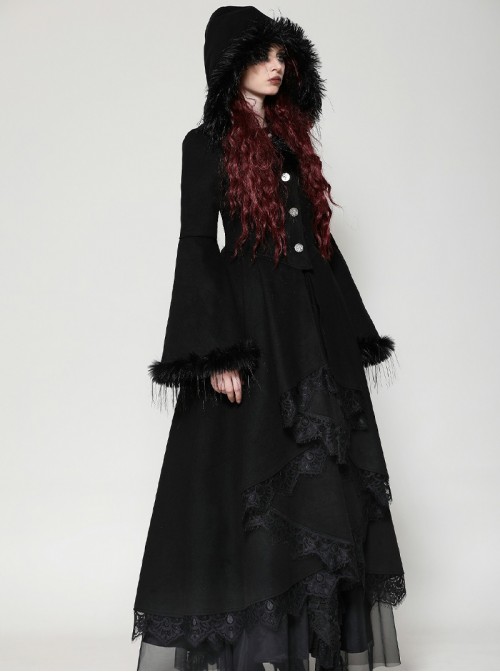 Black Romantic Layered Lace Splicing Plush Decoration Gorgeous Gothic Style Coat