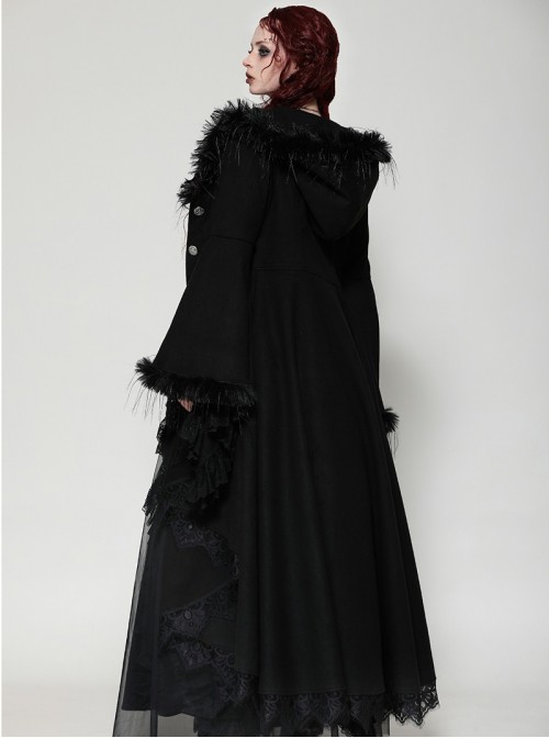 Black Romantic Layered Lace Splicing Plush Decoration Gorgeous Gothic Style Coat