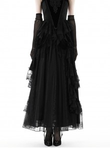 Retro Black Cascading Mesh Lace Splicing Luxury Velvet Rose Decoration Gothic Style Skirt