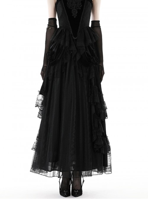 Retro Black Cascading Mesh Lace Splicing Luxury Velvet Rose Decoration Gothic Style Skirt