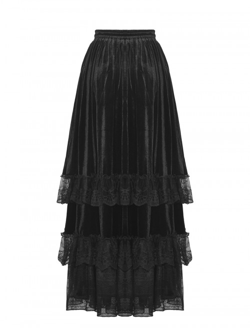 Retro Black Cascading Mesh Lace Splicing Luxury Velvet Rose Decoration Gothic Style Skirt
