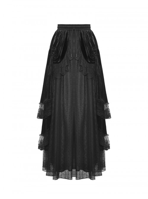 Retro Black Cascading Mesh Lace Splicing Luxury Velvet Rose Decoration Gothic Style Skirt