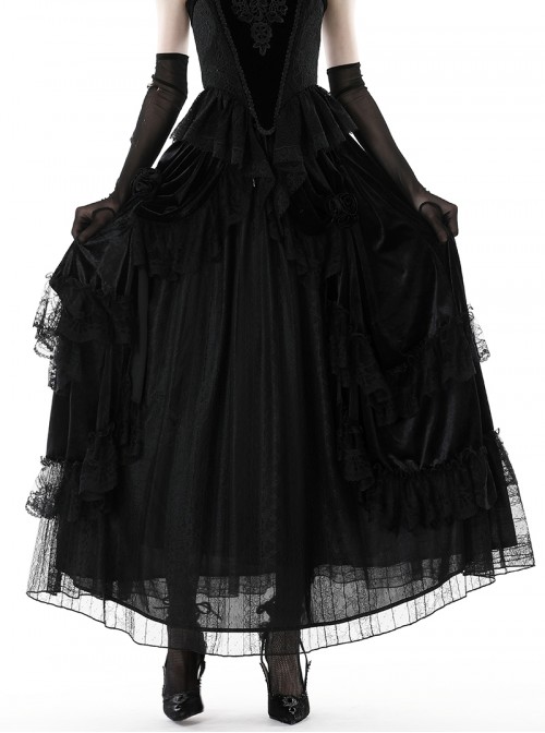 Retro Black Cascading Mesh Lace Splicing Luxury Velvet Rose Decoration Gothic Style Skirt