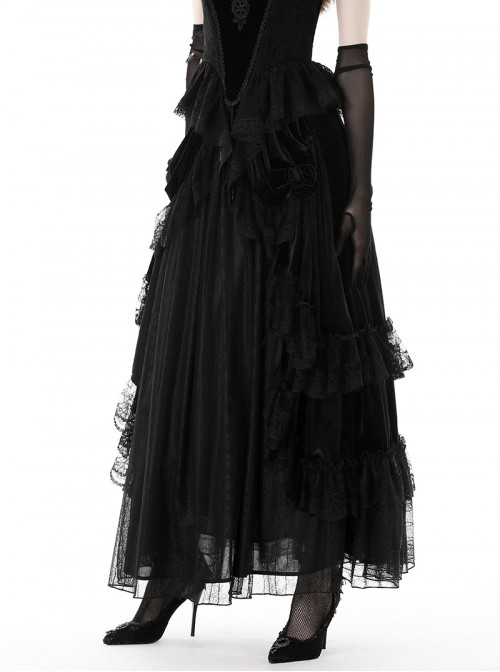 Retro Black Cascading Mesh Lace Splicing Luxury Velvet Rose Decoration Gothic Style Skirt