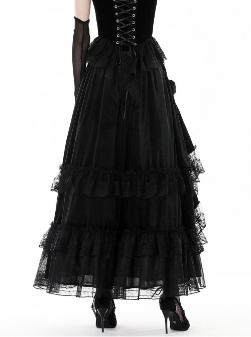 Retro Black Cascading Mesh Lace Splicing Luxury Velvet Rose Decoration Gothic Style Skirt