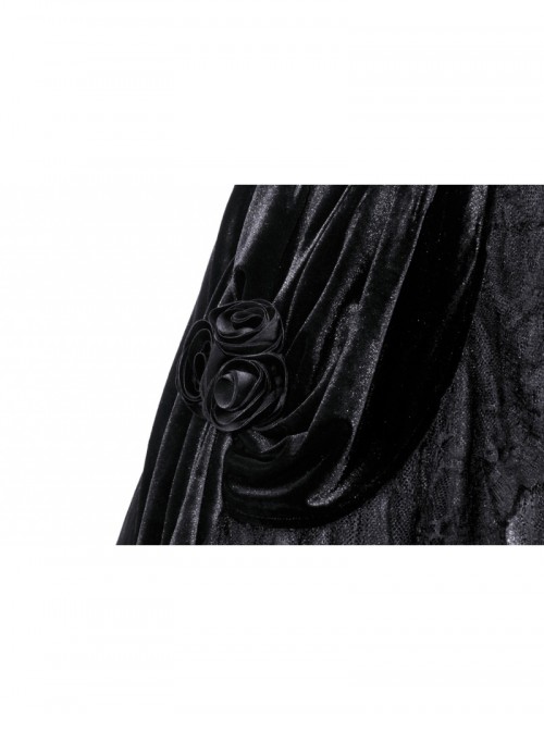 Retro Black Cascading Mesh Lace Splicing Luxury Velvet Rose Decoration Gothic Style Skirt