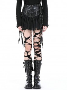 Rebellious Black Leather Splicing Mesh Cool Metal Rivet Decoration Punk Style Skirt