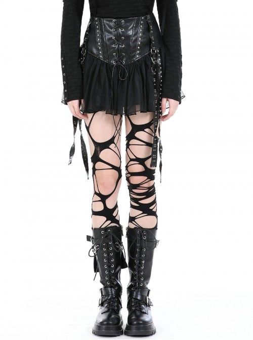Rebellious Black Leather Splicing Mesh Cool Metal Rivet Decoration Punk Style Skirt