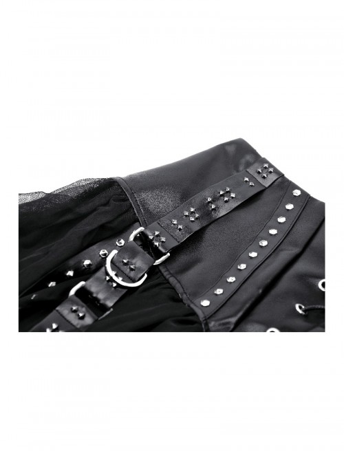 Rebellious Black Leather Splicing Mesh Cool Metal Rivet Decoration Punk Style Skirt