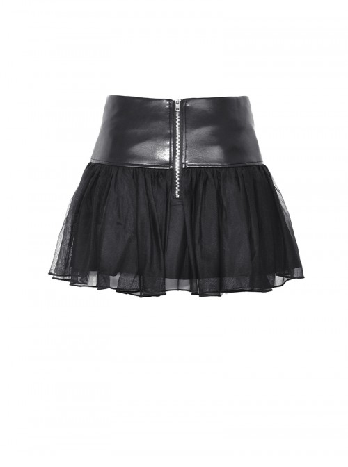 Rebellious Black Leather Splicing Mesh Cool Metal Rivet Decoration Punk Style Skirt
