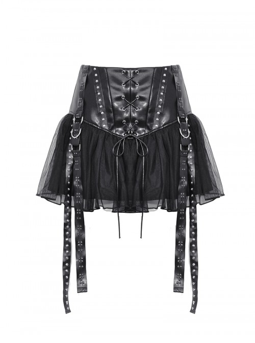 Rebellious Black Leather Splicing Mesh Cool Metal Rivet Decoration Punk Style Skirt