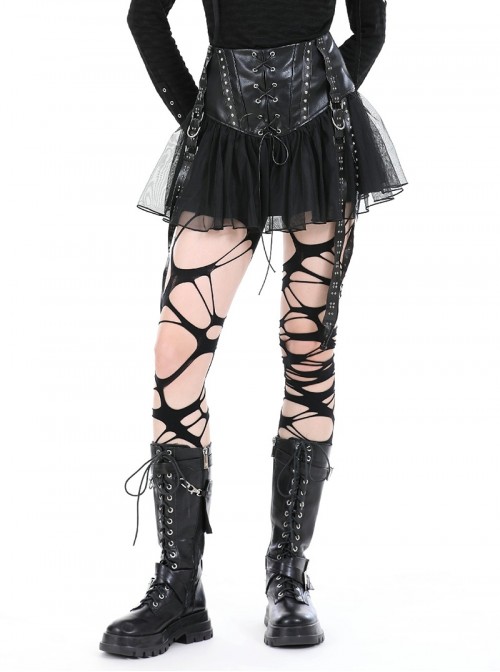 Rebellious Black Leather Splicing Mesh Cool Metal Rivet Decoration Punk Style Skirt