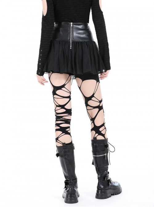 Rebellious Black Leather Splicing Mesh Cool Metal Rivet Decoration Punk Style Skirt