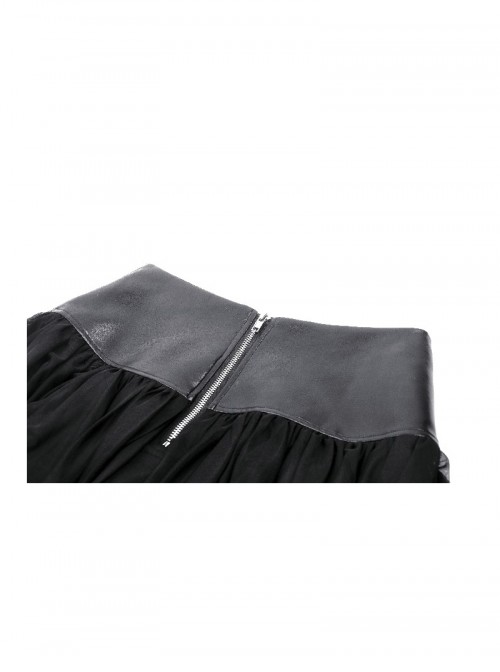 Rebellious Black Leather Splicing Mesh Cool Metal Rivet Decoration Punk Style Skirt