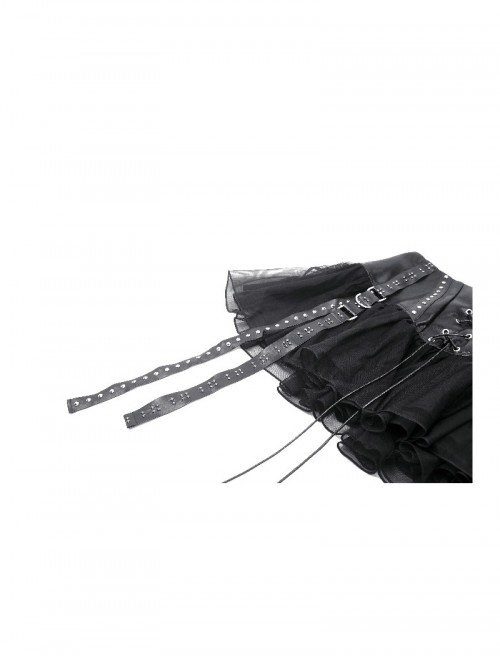 Rebellious Black Leather Splicing Mesh Cool Metal Rivet Decoration Punk Style Skirt