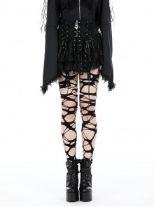 Black Rock Style Layered Lace Stitching Cross Straps Metal Ring Buckle Zipper Decorated Punk Style Skirt