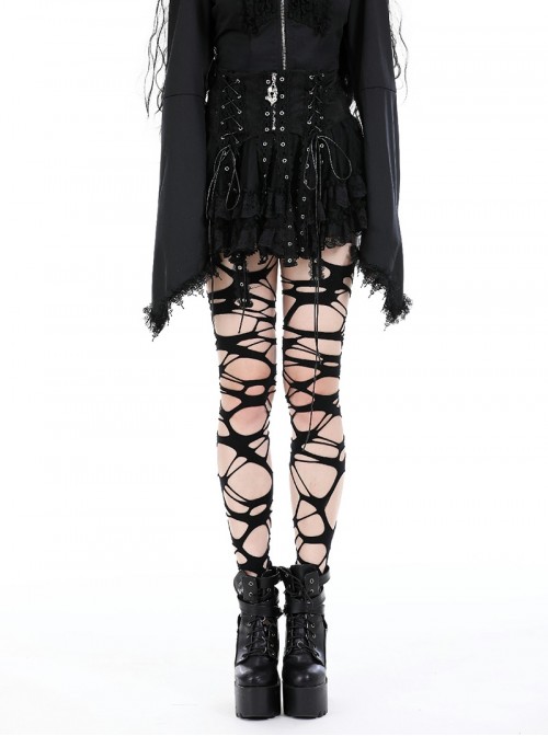 Black Rock Style Layered Lace Stitching Cross Straps Metal Ring Buckle Zipper Decorated Punk Style Skirt