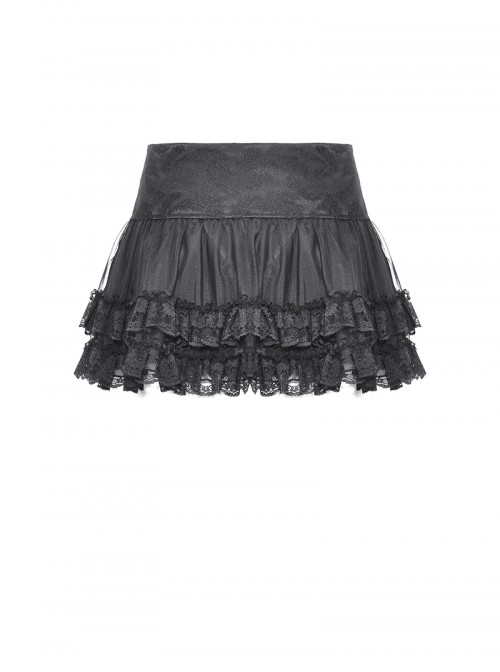 Black Rock Style Layered Lace Stitching Cross Straps Metal Ring Buckle Zipper Decorated Punk Style Skirt