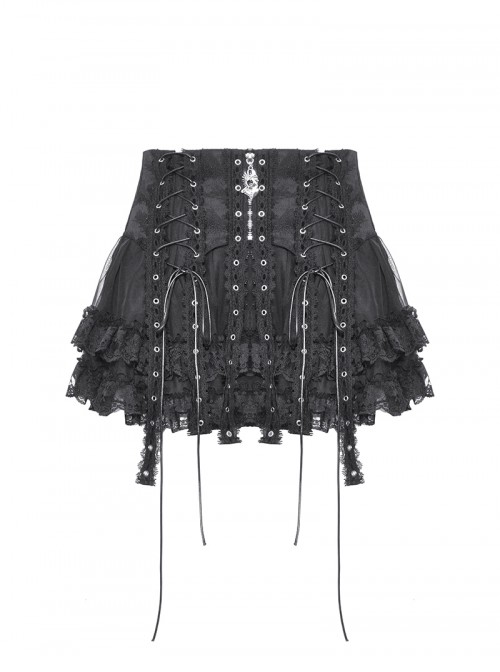 Black Rock Style Layered Lace Stitching Cross Straps Metal Ring Buckle Zipper Decorated Punk Style Skirt