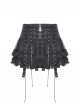 Black Rock Style Layered Lace Stitching Cross Straps Metal Ring Buckle Zipper Decorated Punk Style Skirt