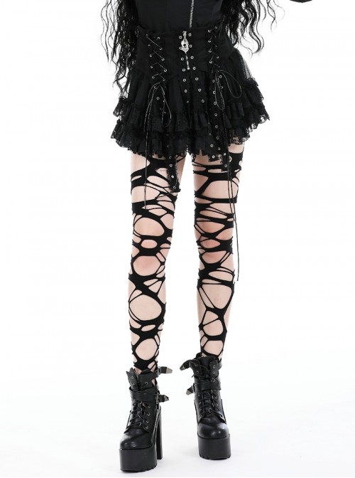 Black Rock Style Layered Lace Stitching Cross Straps Metal Ring Buckle Zipper Decorated Punk Style Skirt