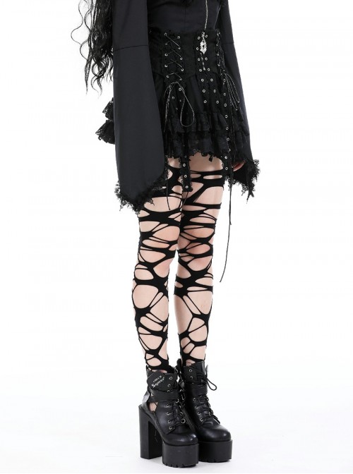 Black Rock Style Layered Lace Stitching Cross Straps Metal Ring Buckle Zipper Decorated Punk Style Skirt