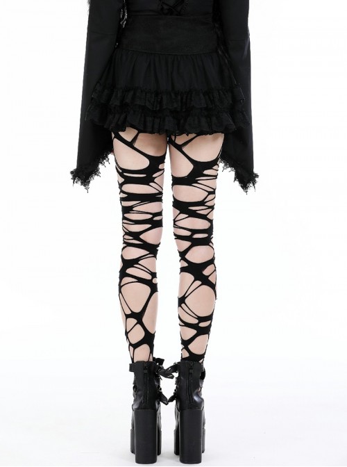 Black Rock Style Layered Lace Stitching Cross Straps Metal Ring Buckle Zipper Decorated Punk Style Skirt