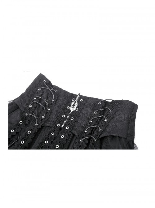 Black Rock Style Layered Lace Stitching Cross Straps Metal Ring Buckle Zipper Decorated Punk Style Skirt